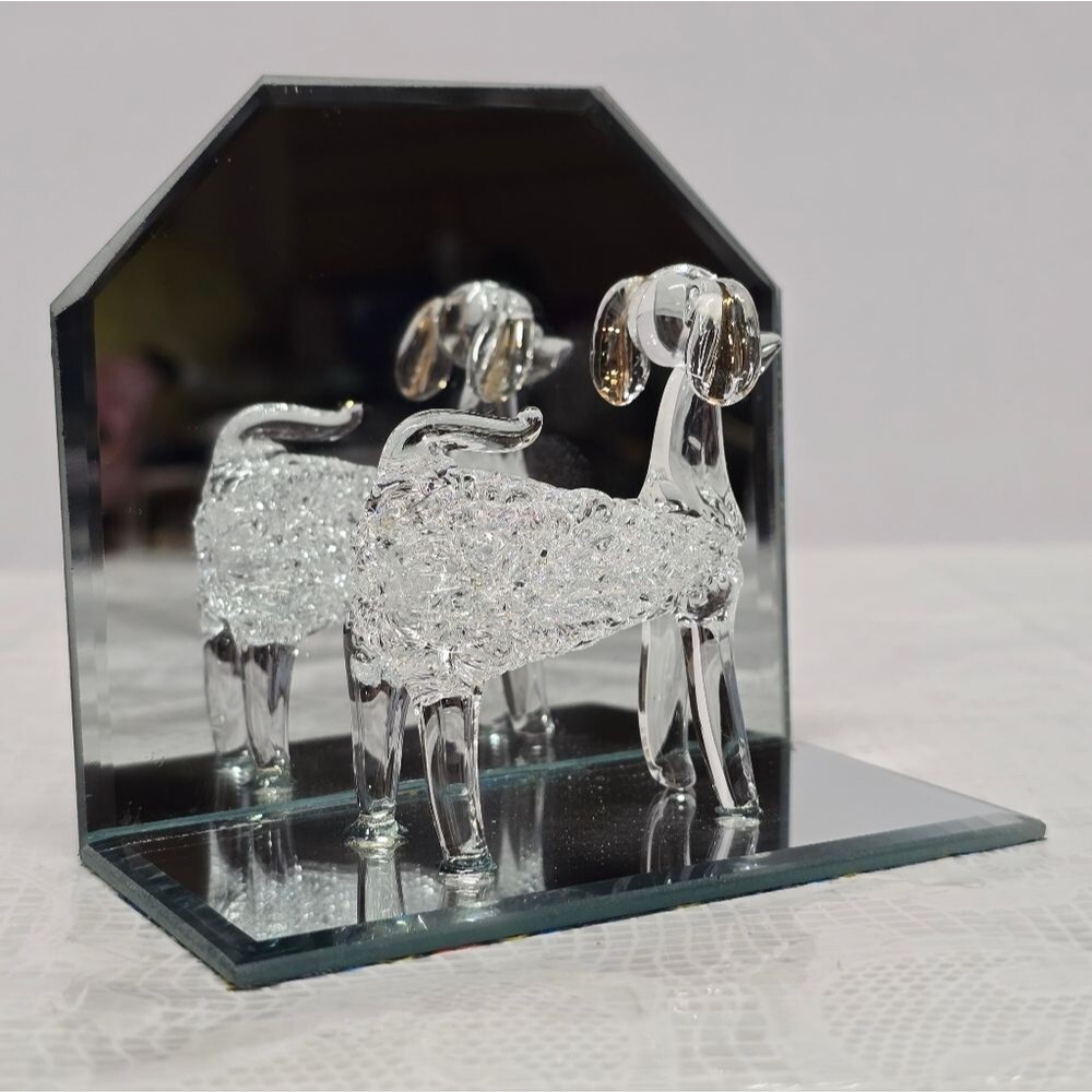 Spun Glass Poodle Dog Figurine On Mirror Stand NEW